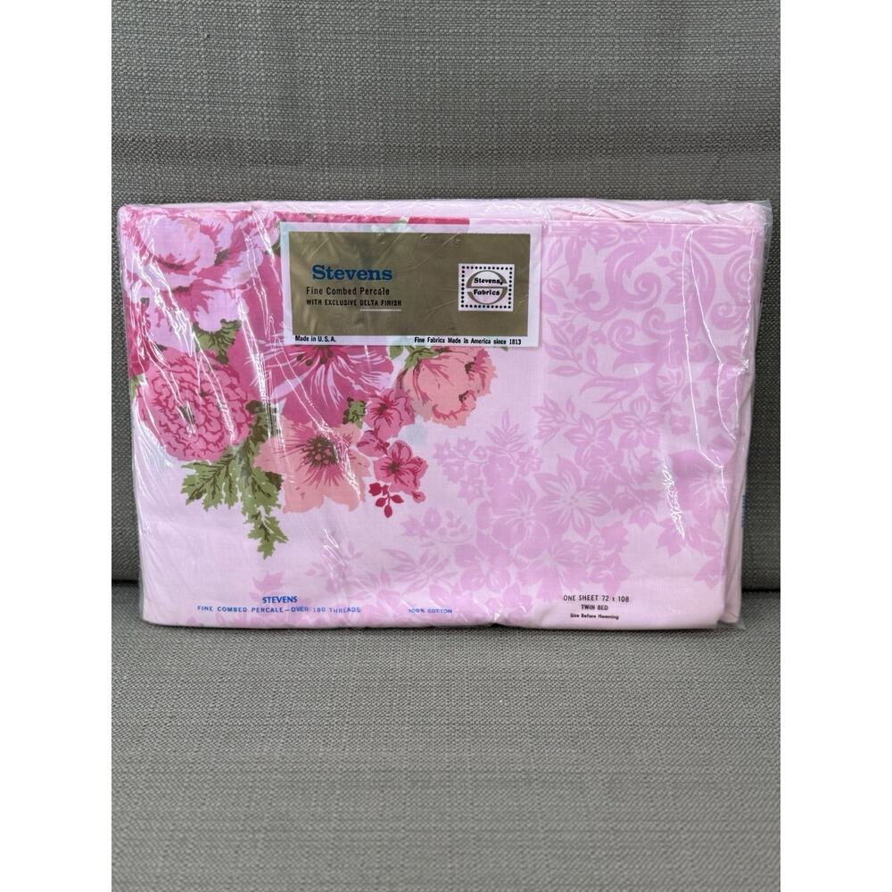 Vintage Stevens Twin Flat Sheet Pink Floral Cotton Percale NOS NIP USA MCM